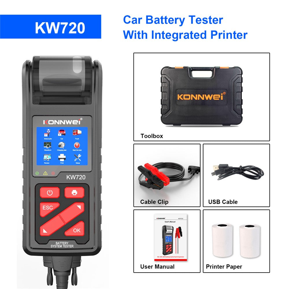 KONNWEI KW720 Automotive Battery Check Machine Automobile Battery Tester Battery Tester 6V 12V 24V Battery Load Tester with Printer