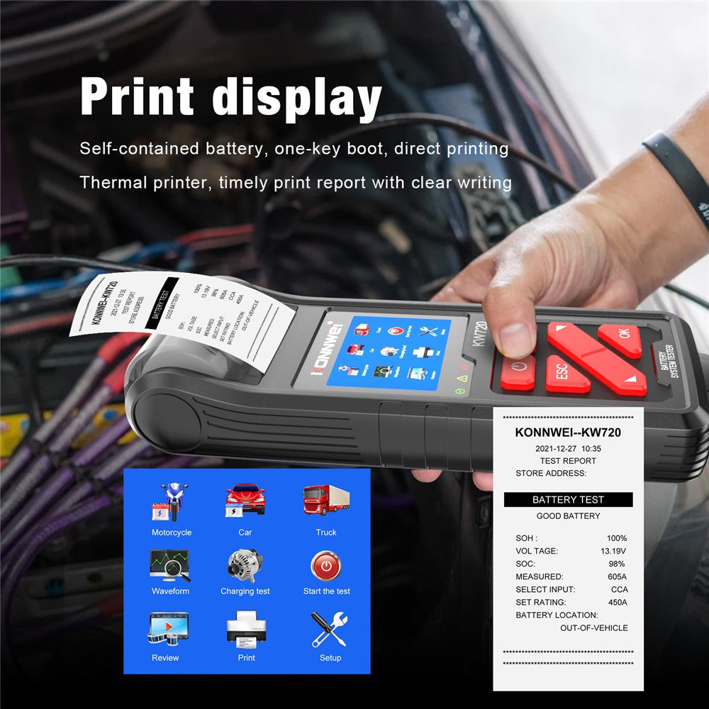 KONNWEI KW720 Automotive Battery Check Machine Automobile Battery Tester Battery Tester 6V 12V 24V Battery Load Tester with Printer