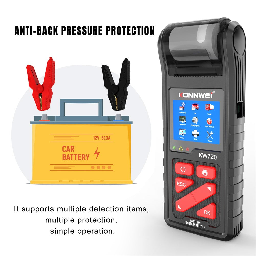 KONNWEI KW720 Automotive Battery Check Machine Automobile Battery Tester Battery Tester 6V 12V 24V Battery Load Tester with Printer