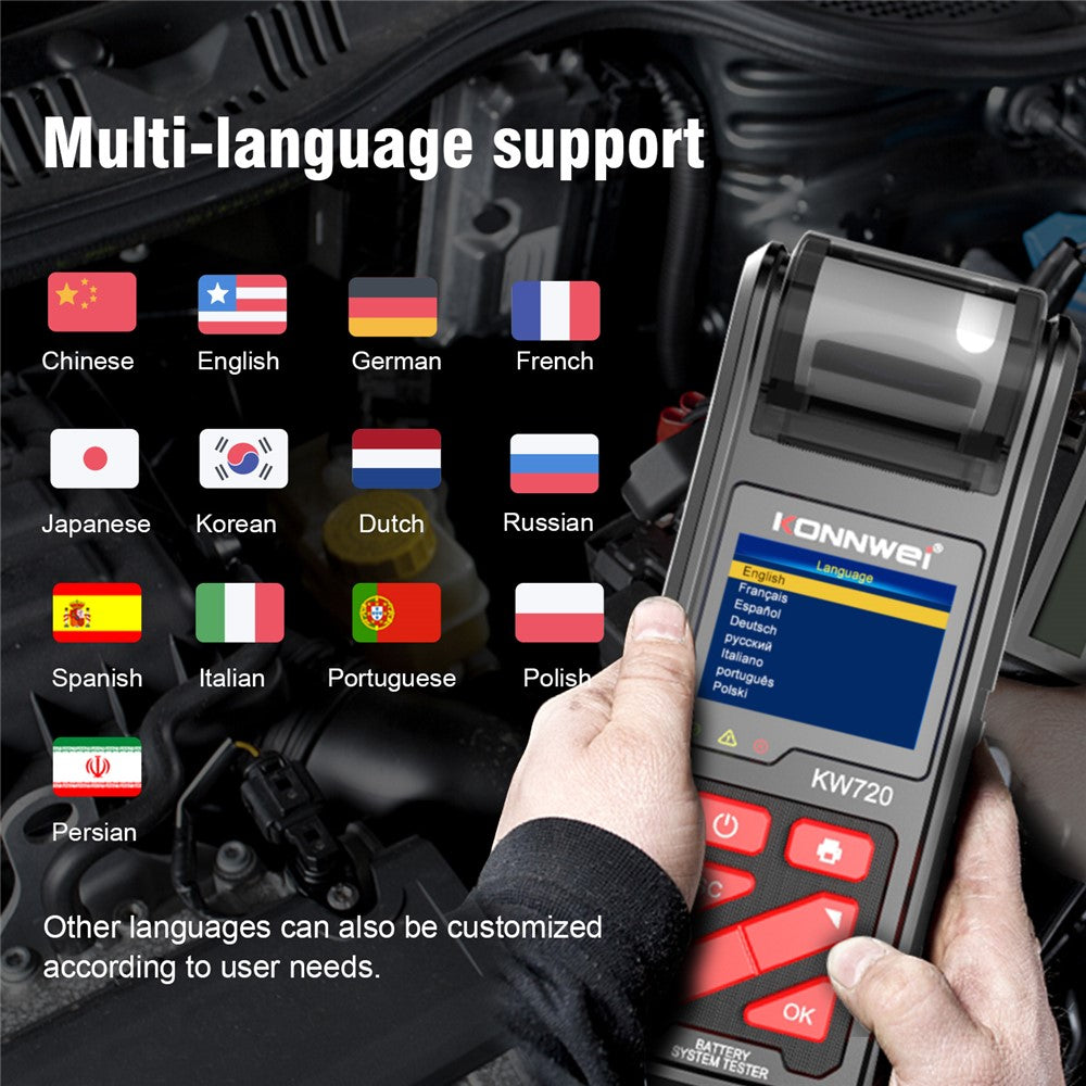 KONNWEI KW720 Automotive Battery Check Machine Automobile Battery Tester Battery Tester 6V 12V 24V Battery Load Tester with Printer