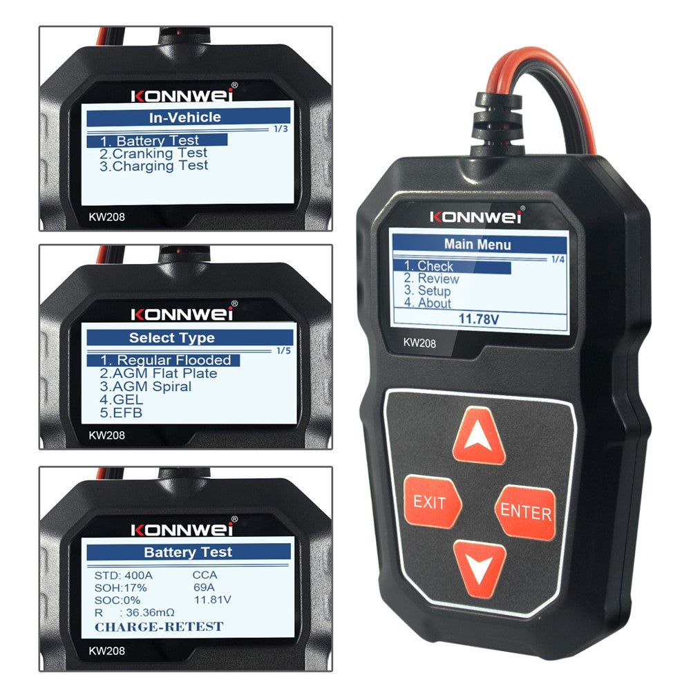 KONNWEI  KW208 Automotive Battery Tester Car Digital 12V 100-2000CCA Cranking Charging System Test Tool