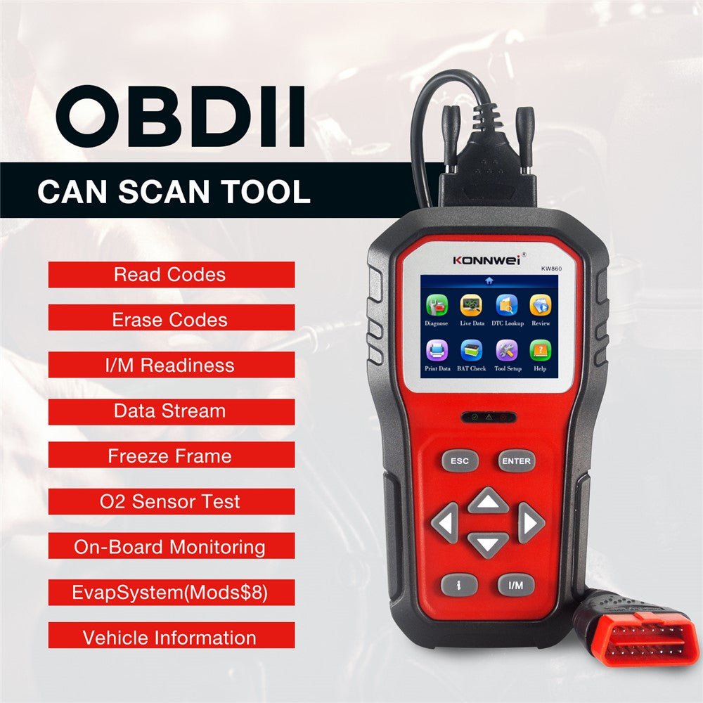 KONNWEI KW860 OBDII Scanner Code Reader Motorfejllæser Slet/nulstil fejlkoder Diagnostisk scanner