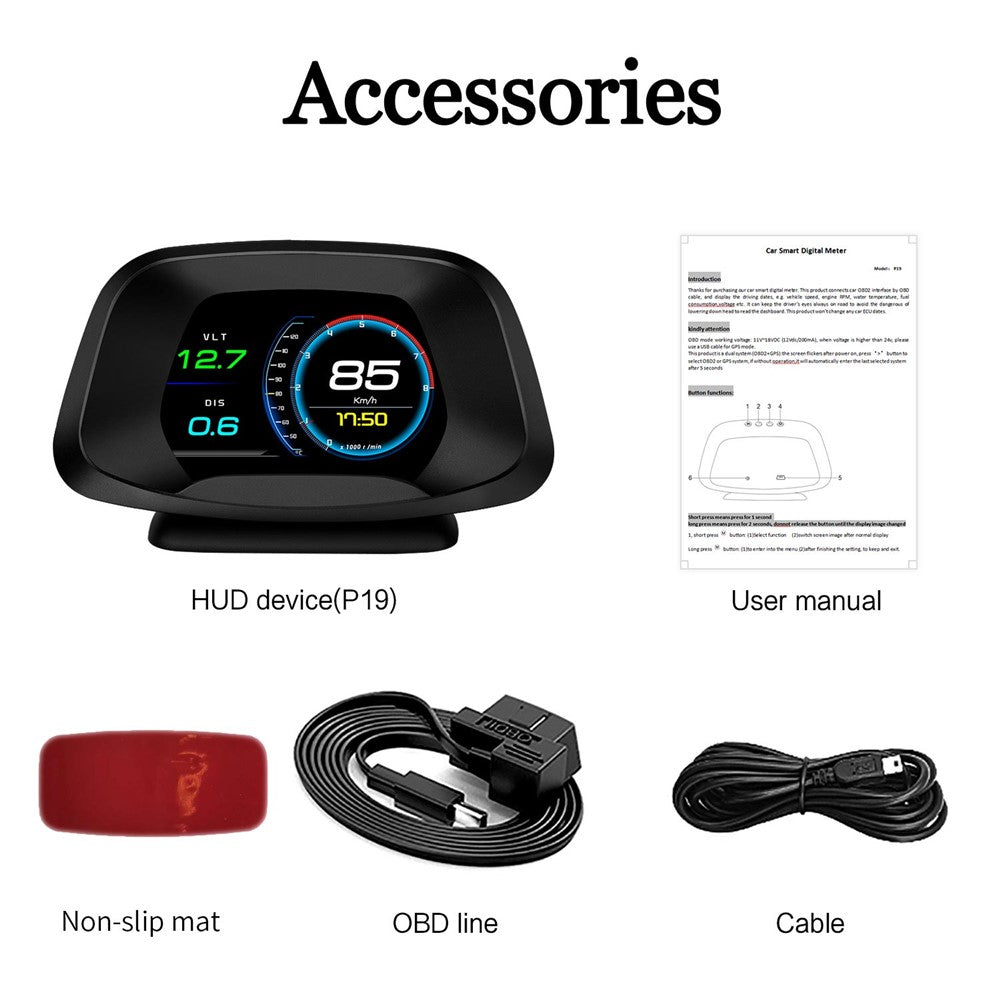 P19 HUD-enhed Multifunktionel smart digitalmåler Universal bil-speedometer LCD-display OBD GPS-scanner Diagnostisk værktøj Hastighedsalarm