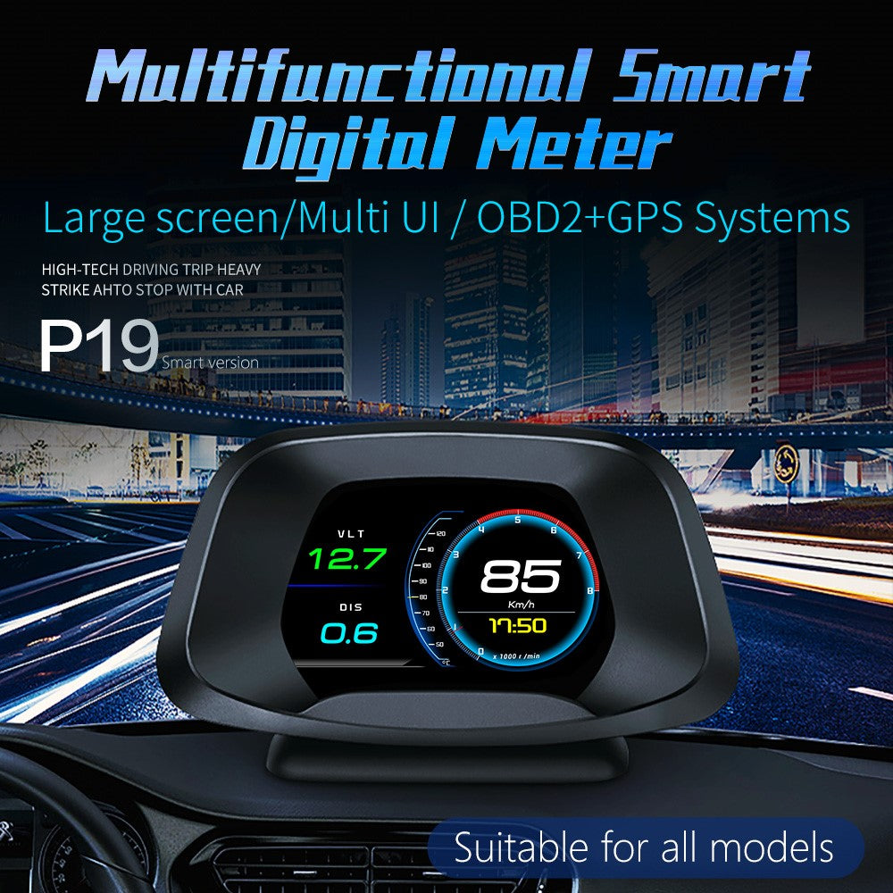 P19 HUD-enhed Multifunktionel smart digitalmåler Universal bil-speedometer LCD-display OBD GPS-scanner Diagnostisk værktøj Hastighedsalarm