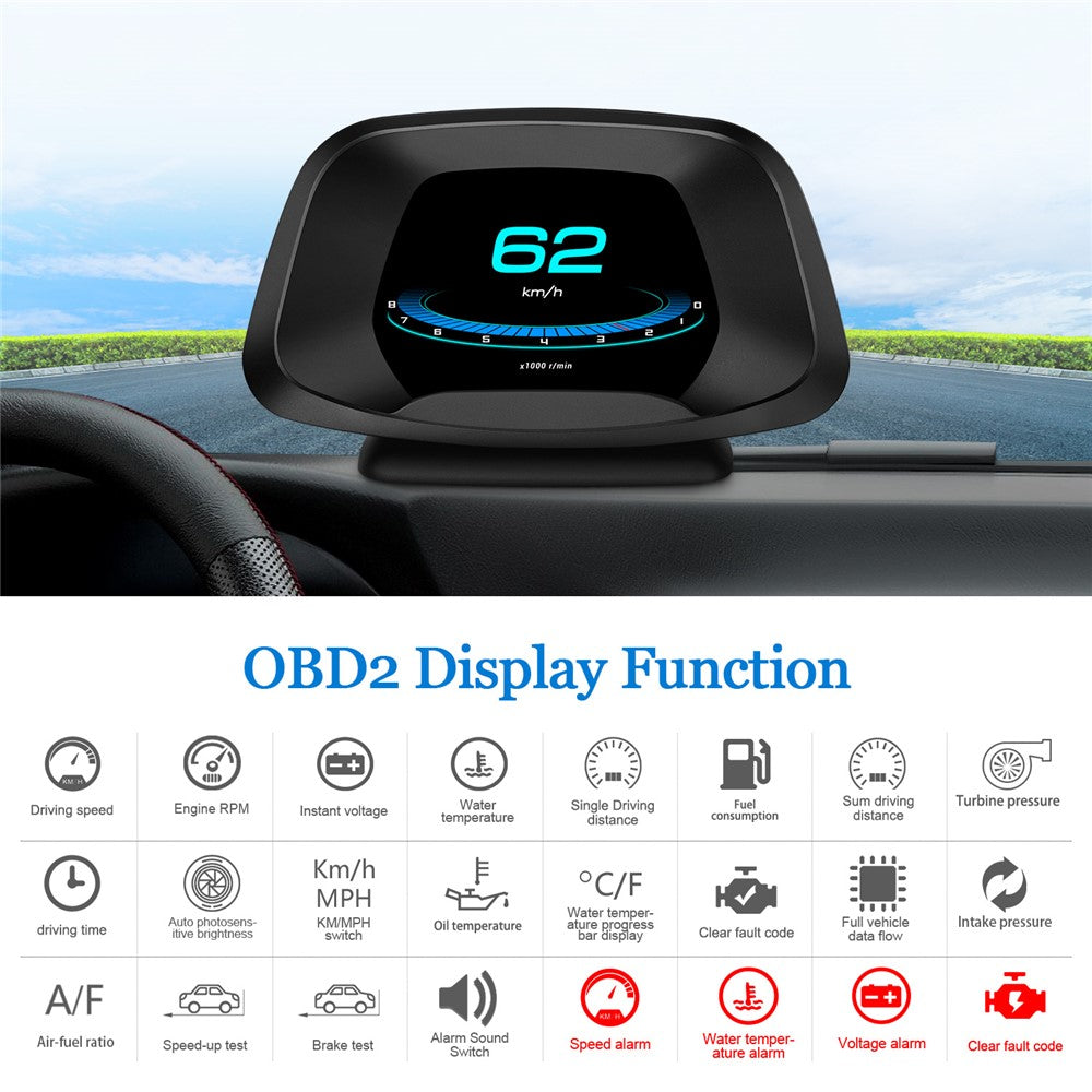 P19 HUD-enhed Multifunktionel smart digitalmåler Universal bil-speedometer LCD-display OBD GPS-scanner Diagnostisk værktøj Hastighedsalarm