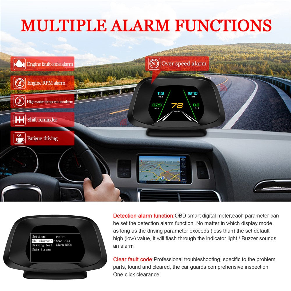 P19 HUD-enhed Multifunktionel smart digitalmåler Universal bil-speedometer LCD-display OBD GPS-scanner Diagnostisk værktøj Hastighedsalarm