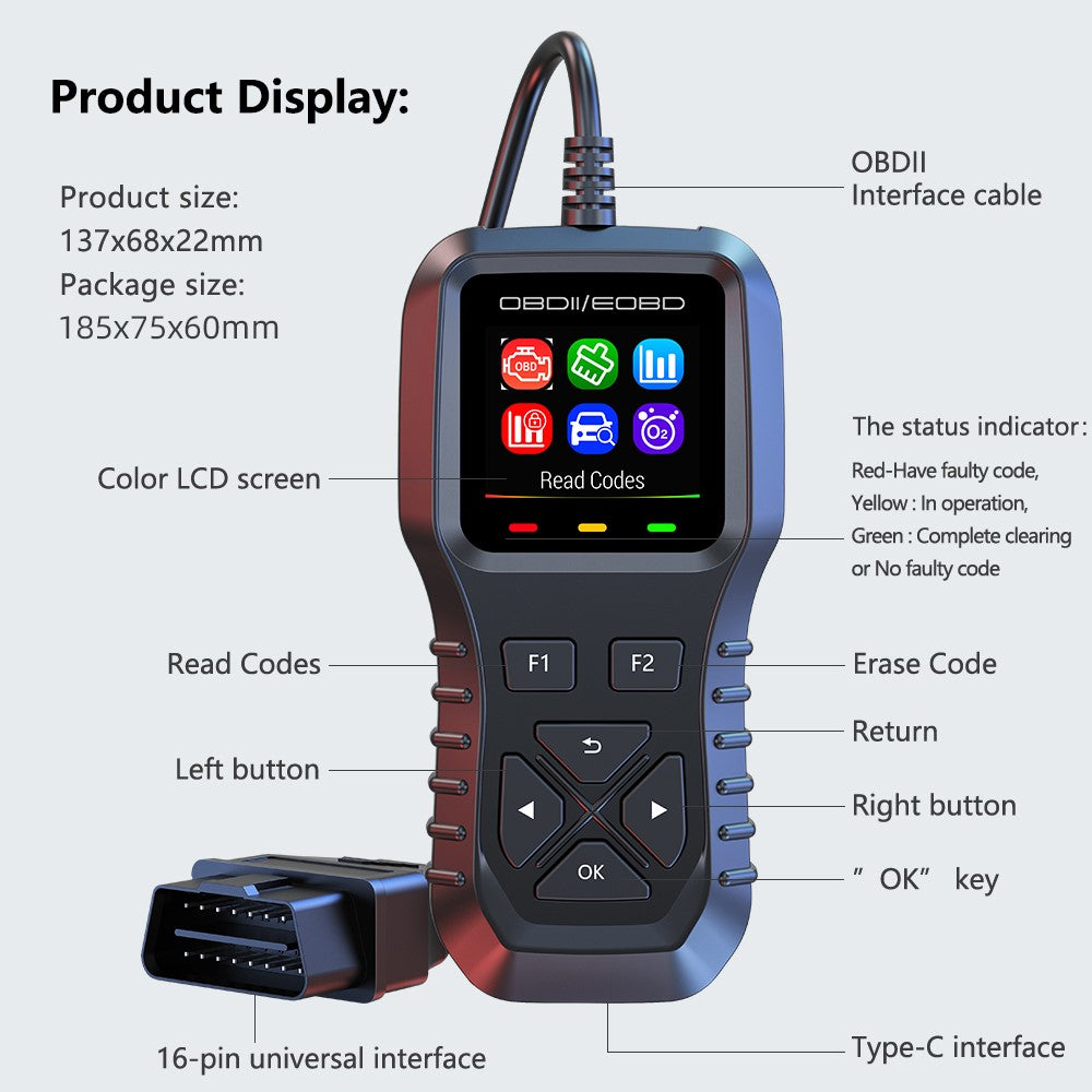 K1 Car OBD2 Diagnostic Scanner Color LCD Display 36600 Engine Codes Clear Tool Real Time Data Stream