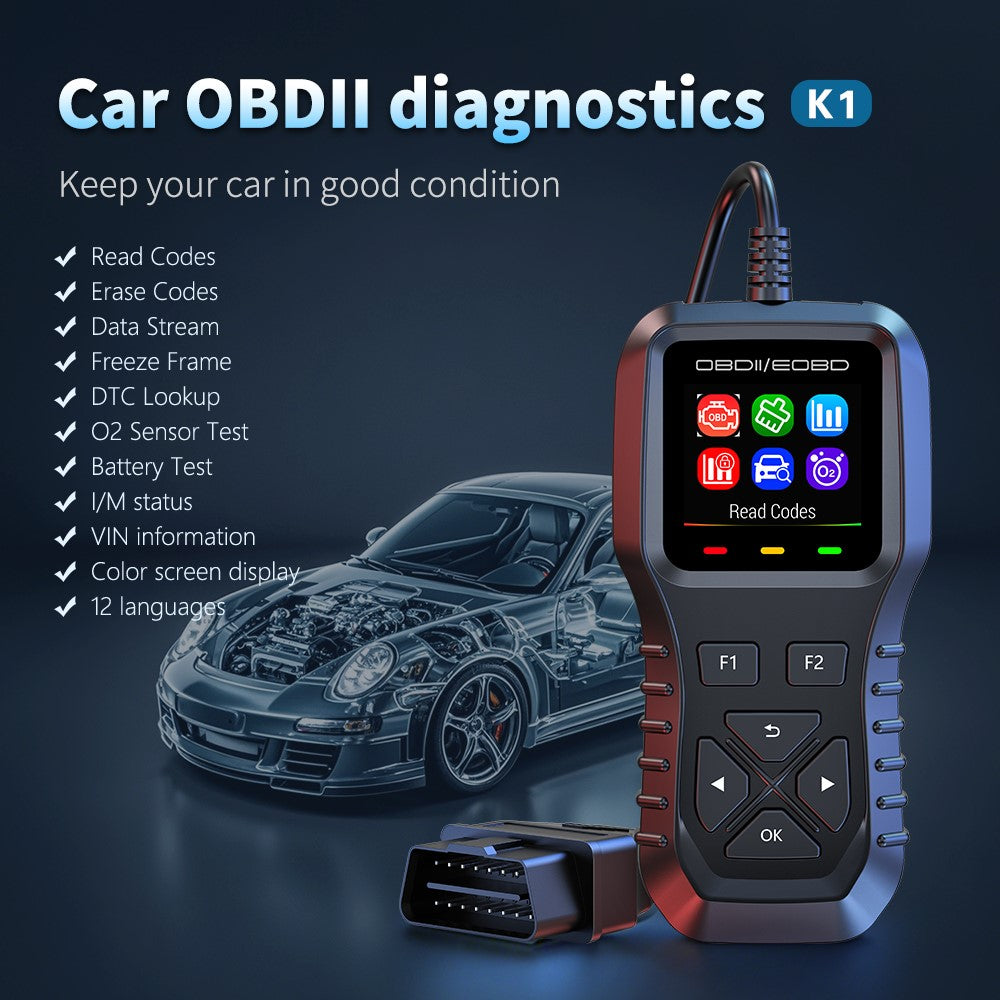 K1 Car OBD2 Diagnostic Scanner Color LCD Display 36600 Engine Codes Clear Tool Real Time Data Stream