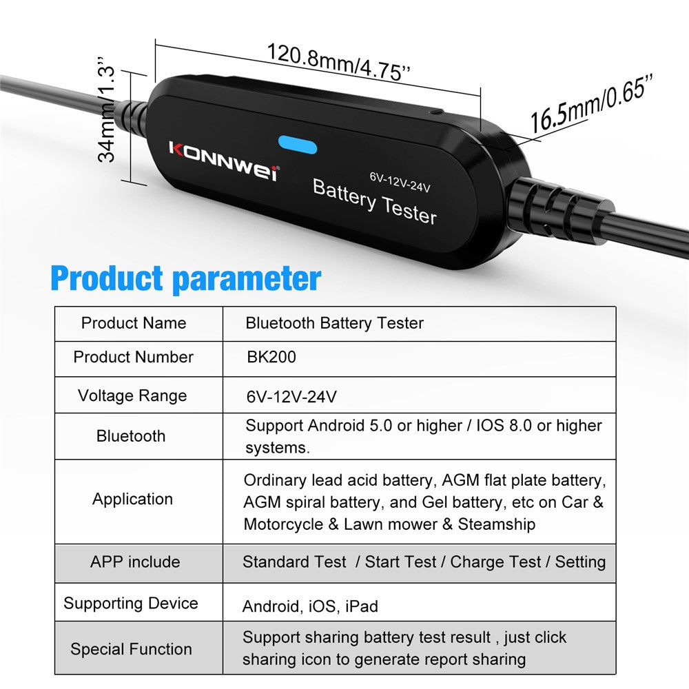 KONNWEI BK200 Multi-Function Bluetooth-compatible Battery Tester for Car Truck Motorcycle SUV Boat Yacht 6V 12V 24V Battery Tester