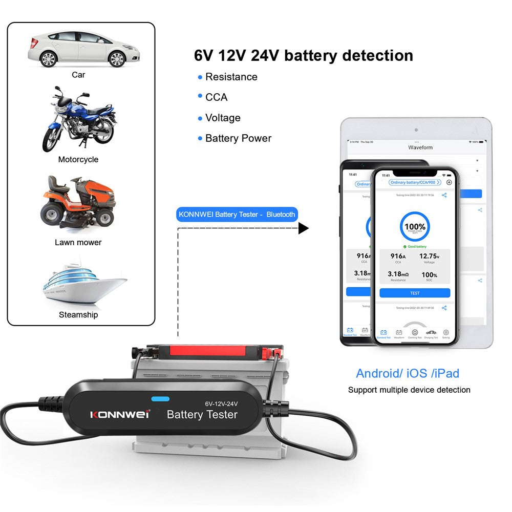 KONNWEI BK200 Multi-Function Bluetooth-compatible Battery Tester for Car Truck Motorcycle SUV Boat Yacht 6V 12V 24V Battery Tester