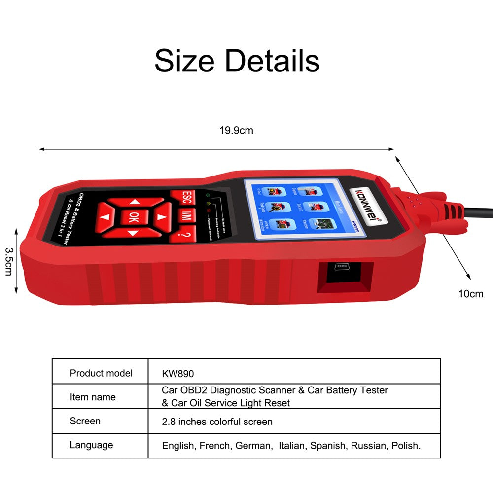 KONNWEI KW890 Car Diagnostic Tool + Car Battery Tester + Oil Light Reset Multi-Function Car Tester