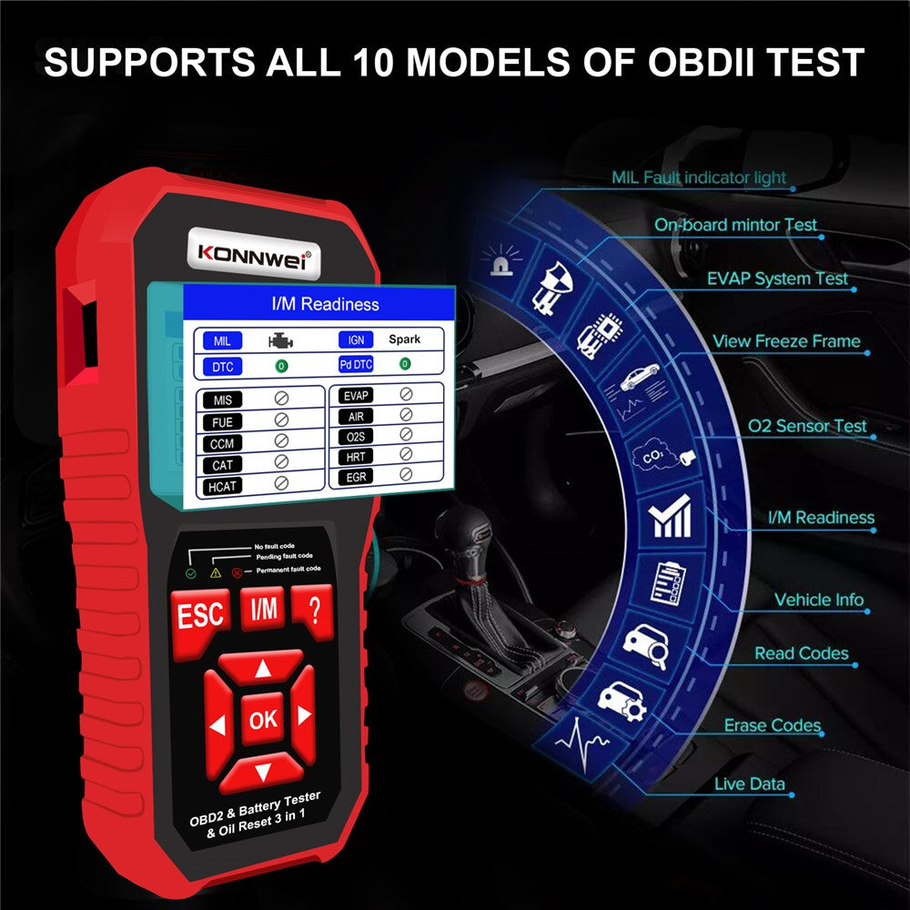 KONNWEI KW890 Car Diagnostic Tool + Car Battery Tester + Oil Light Reset Multi-Function Car Tester