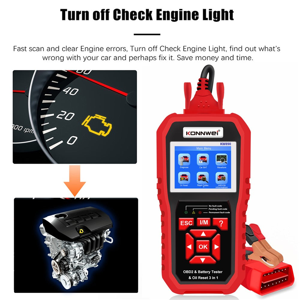 KONNWEI KW890 Car Diagnostic Tool + Car Battery Tester + Oil Light Reset Multi-Function Car Tester