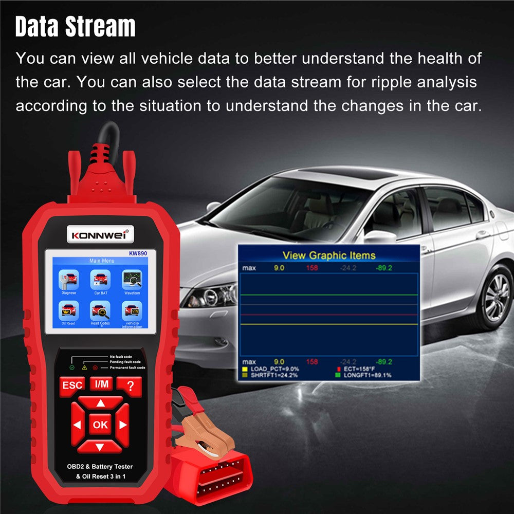KONNWEI KW890 Car Diagnostic Tool + Car Battery Tester + Oil Light Reset Multi-Function Car Tester