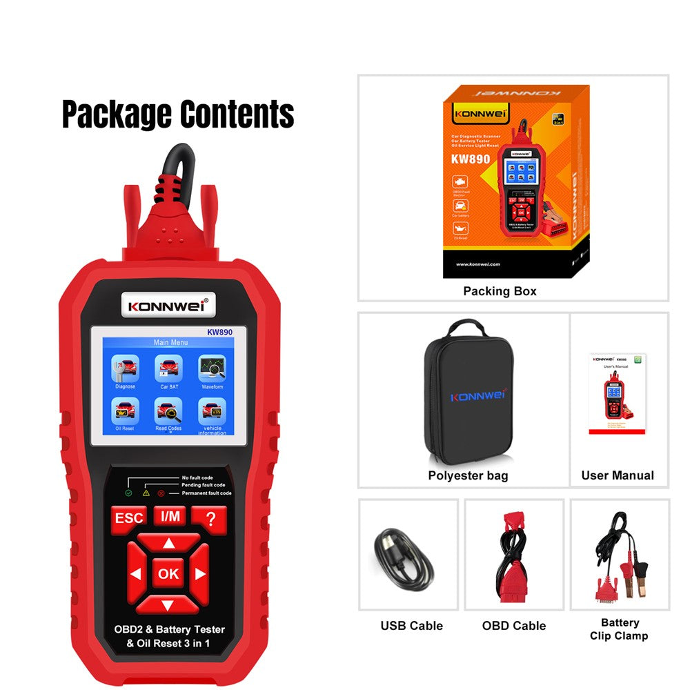 KONNWEI KW890 Car Diagnostic Tool + Car Battery Tester + Oil Light Reset Multi-Function Car Tester