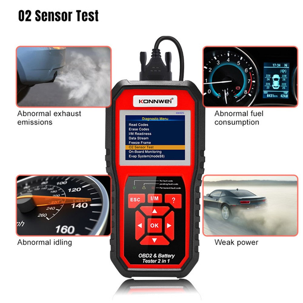 KONNWEI KW870 Car OBD 2 Diagnostic Tools Scanner, Battery Tester 2-in-1 Car Multi-Function Detector for 12V Batteries