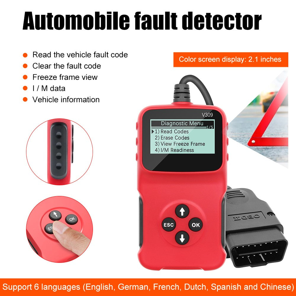 V309 Bilmotor Scanner OBD2 ELM327 Køretøjskodeaflæser Diagnostisk Analysator Understøtter Flere Sprog