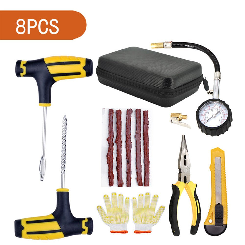 8Pcs / Set Car Tyre Puncture Repair Kit Tire Pressure Gauge Pliers Tool with Storage Case