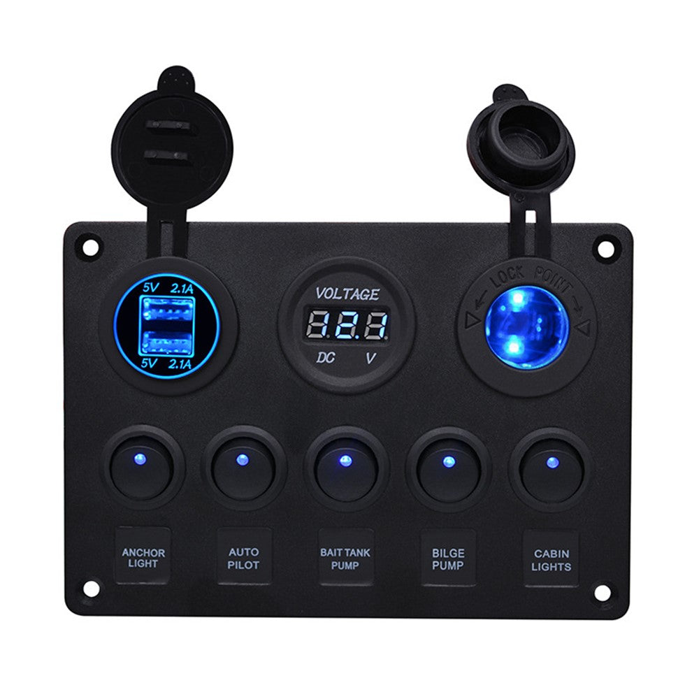 WUPP Bil Yacht Kombinationskontakt Rund 5-Position Dual USB Biloplader Voltmeter Kontrolpanelkontakt