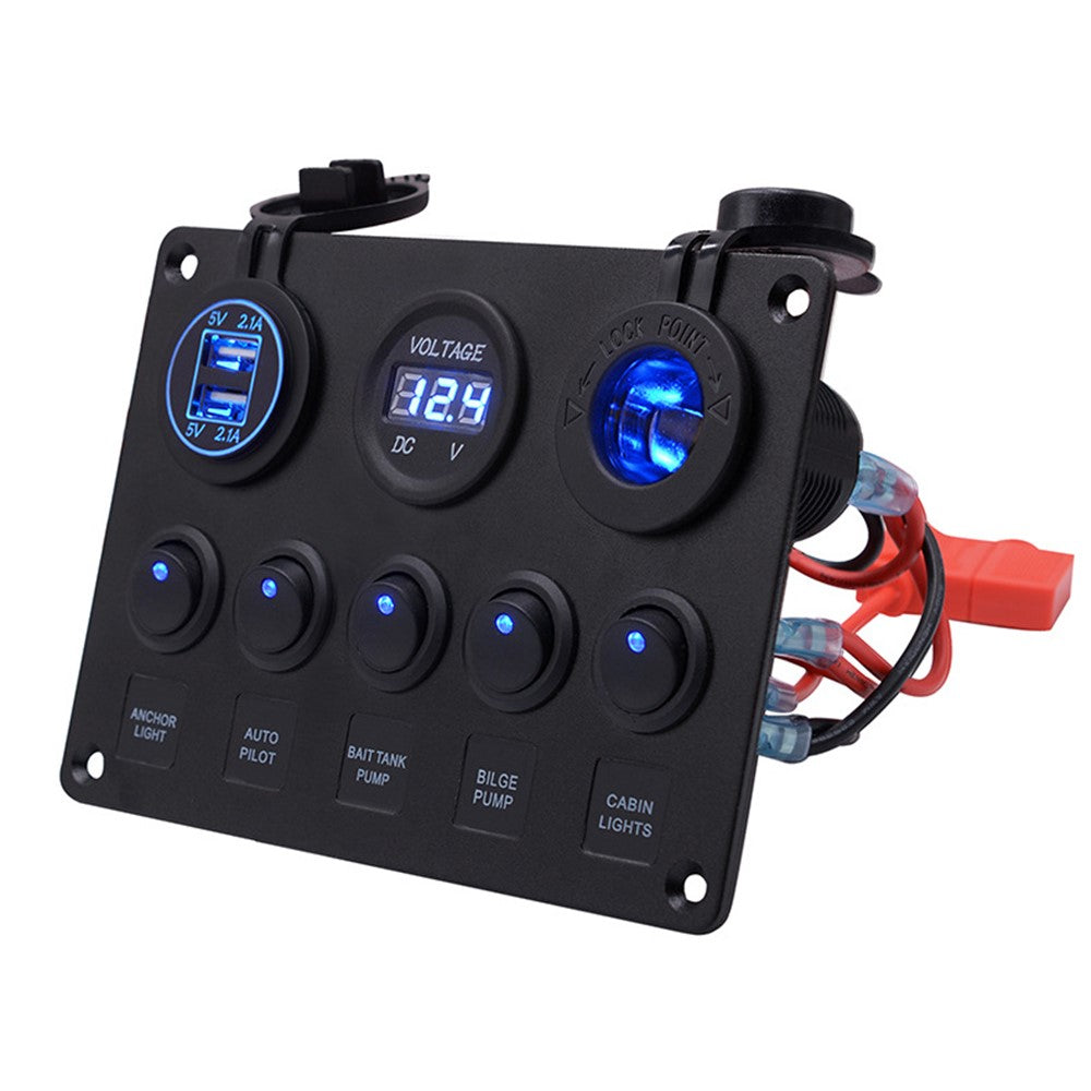 WUPP Bil Yacht Kombinationskontakt Rund 5-Position Dual USB Biloplader Voltmeter Kontrolpanelkontakt