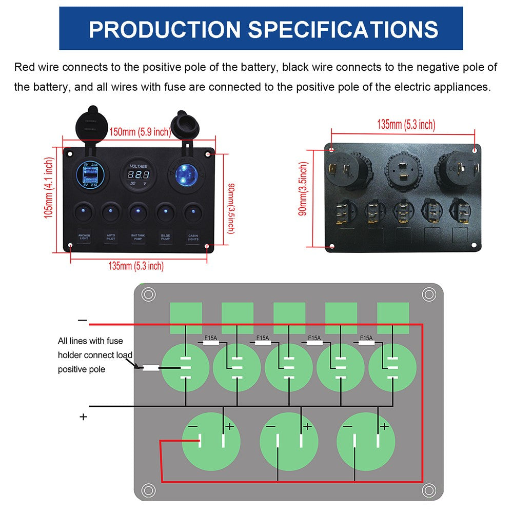 WUPP Bil Yacht Kombinationskontakt Rund 5-Position Dual USB Biloplader Voltmeter Kontrolpanelkontakt