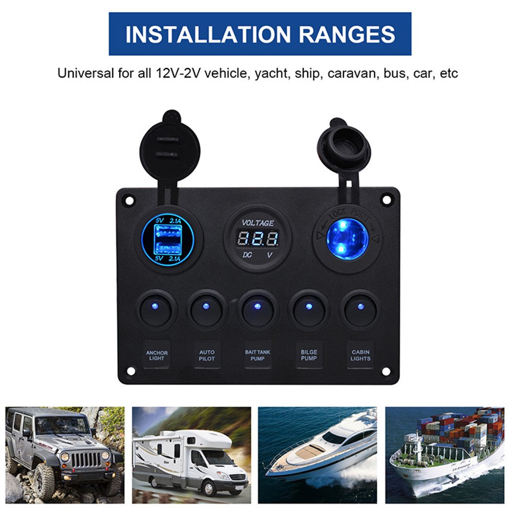 WUPP Bil Yacht Kombinationskontakt Rund 5-Position Dual USB Biloplader Voltmeter Kontrolpanelkontakt