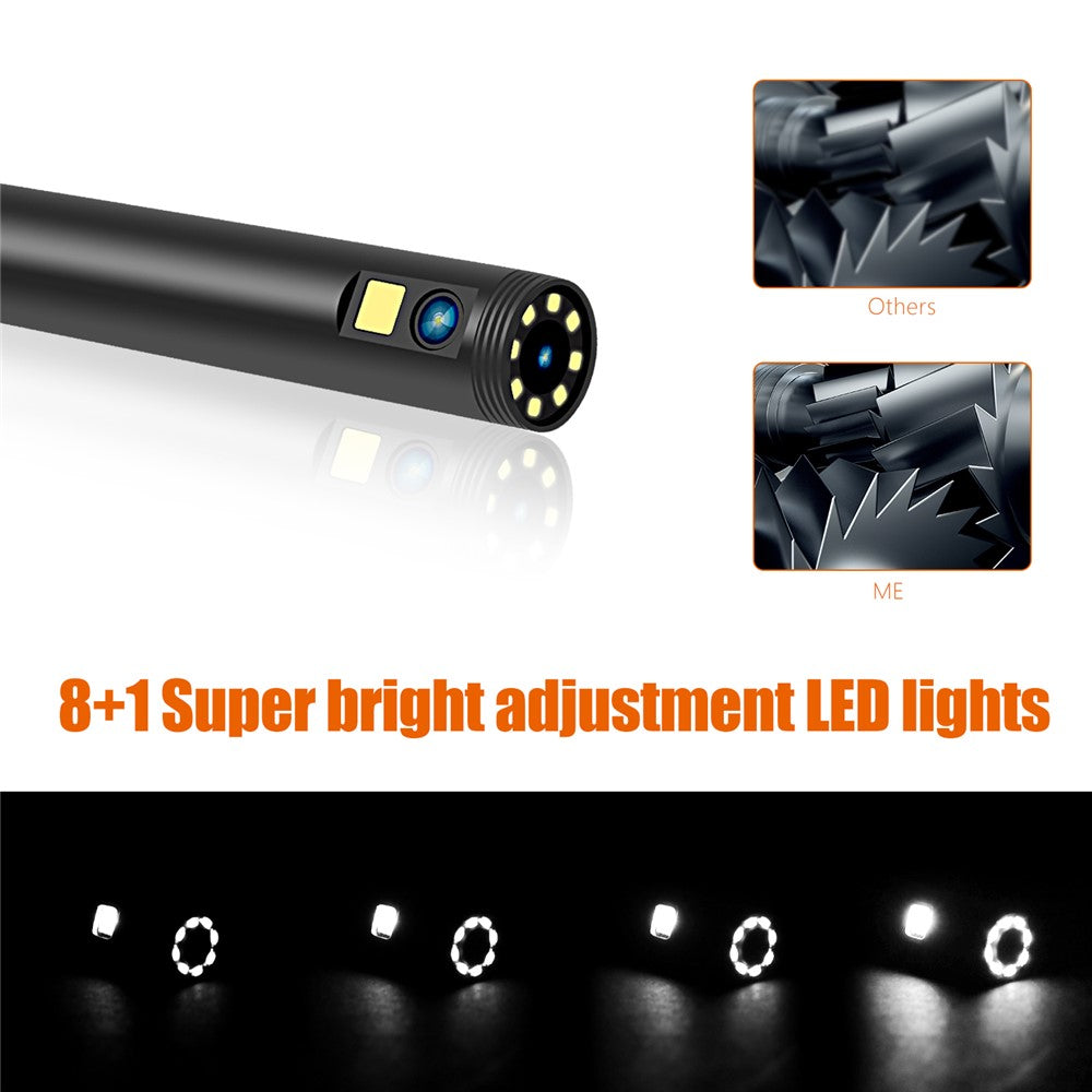 F300 5m Hard Wire 1080P Dual Lens 8mm Probe Industrial Endoscope Camera Dimmable 9-LED WiFi IP68 Waterproof Inspection Tool