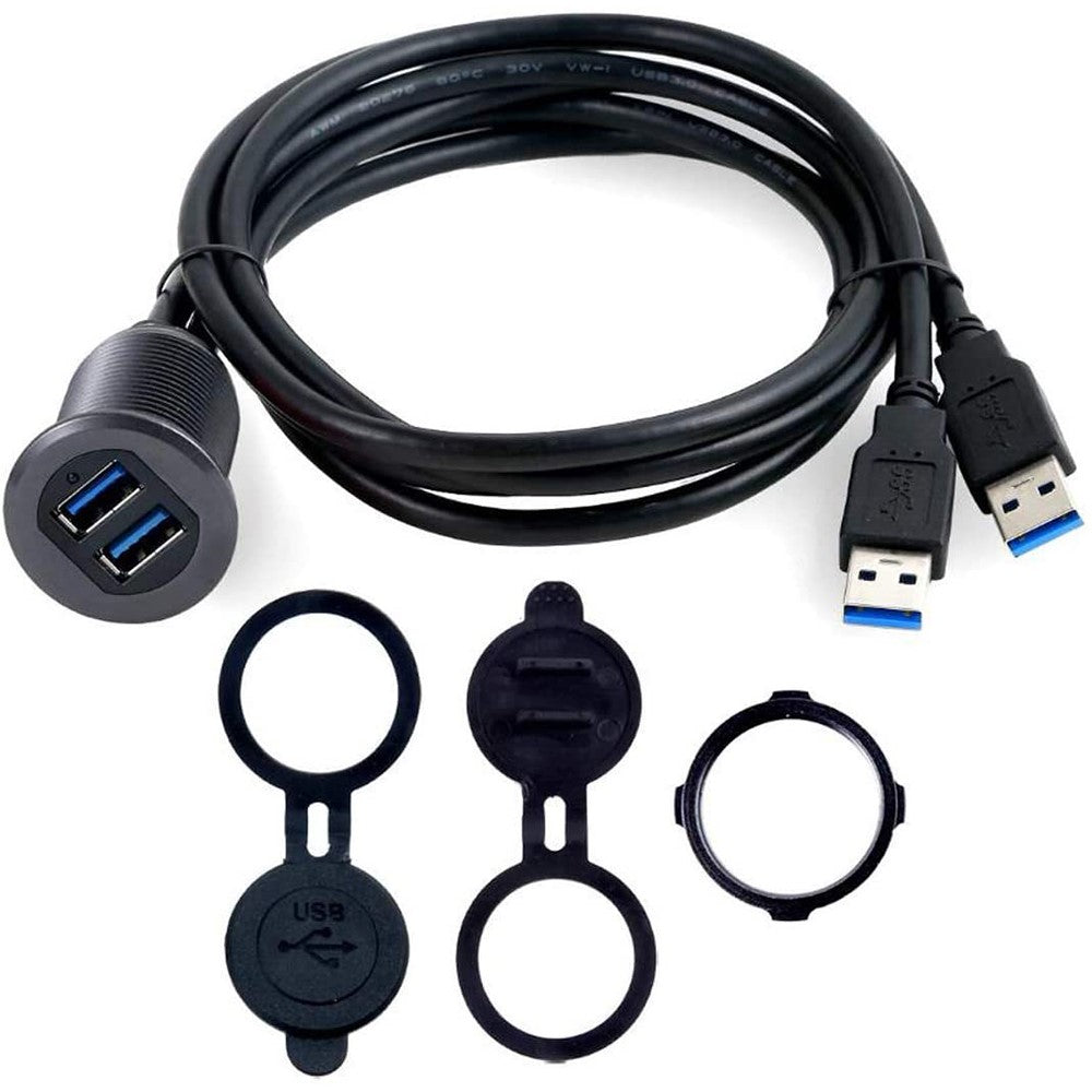 2m Metal Case Dual USB 3.0 Extension Cable USB Male to USB Female Transfer Cord Waterproof Car Dashboard Data Cable Mount with LED for Ship/Motorbike/Car Dashboard