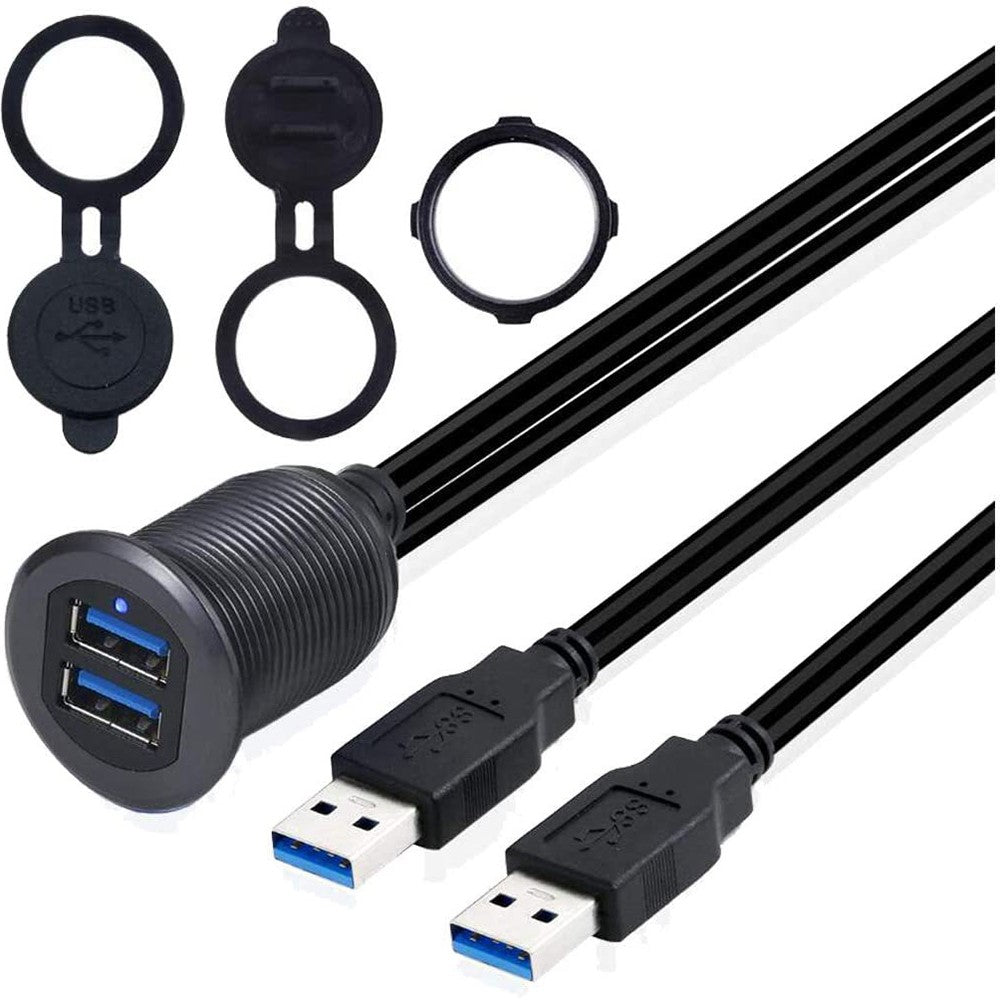 2m Metal Case Dual USB 3.0 Extension Cable USB Male to USB Female Transfer Cord Waterproof Car Dashboard Data Cable Mount with LED for Ship/Motorbike/Car Dashboard
