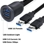 2m Metal Case Dual USB 3.0 Extension Cable USB Male to USB Female Transfer Cord Waterproof Car Dashboard Data Cable Mount with LED for Ship/Motorbike/Car Dashboard