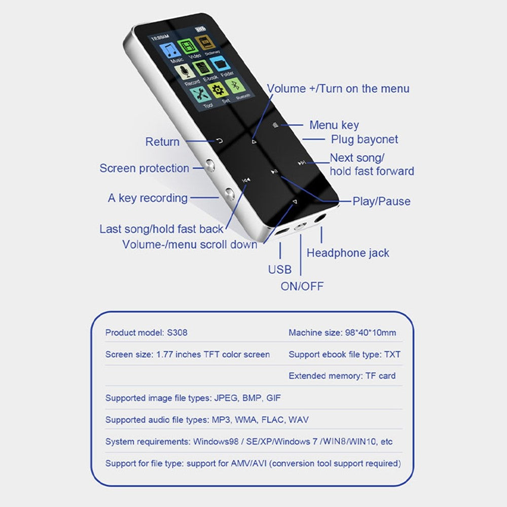 S308 Touch Screen MP3 Sound Recorder Music Video MP4 Player with Dictionary (No Bluetooth-compatible Function)