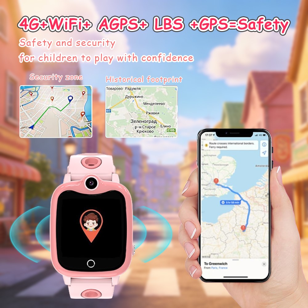 DH10 Barn GPS Smartklocka 4G Smartklocka med Samtal, Familjeröst, SOS, IP67 Vattentät (Europa/Asien/Afrika Version)