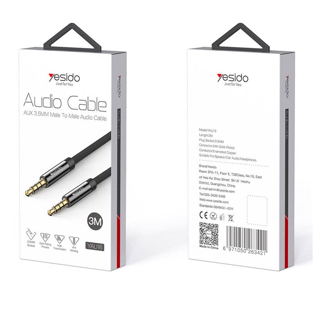 YESIDO 3m YAU16 AUX-lydkabel uden sammenfiltring, 3,5 mm hanstik til hanstik, AUX-kabel