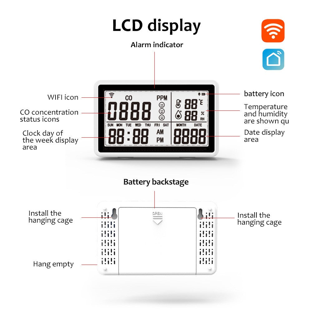 Tuya WiFi 3-in-1 Carbon Monoxide Temperature Humidity Detector CO Alarm Device