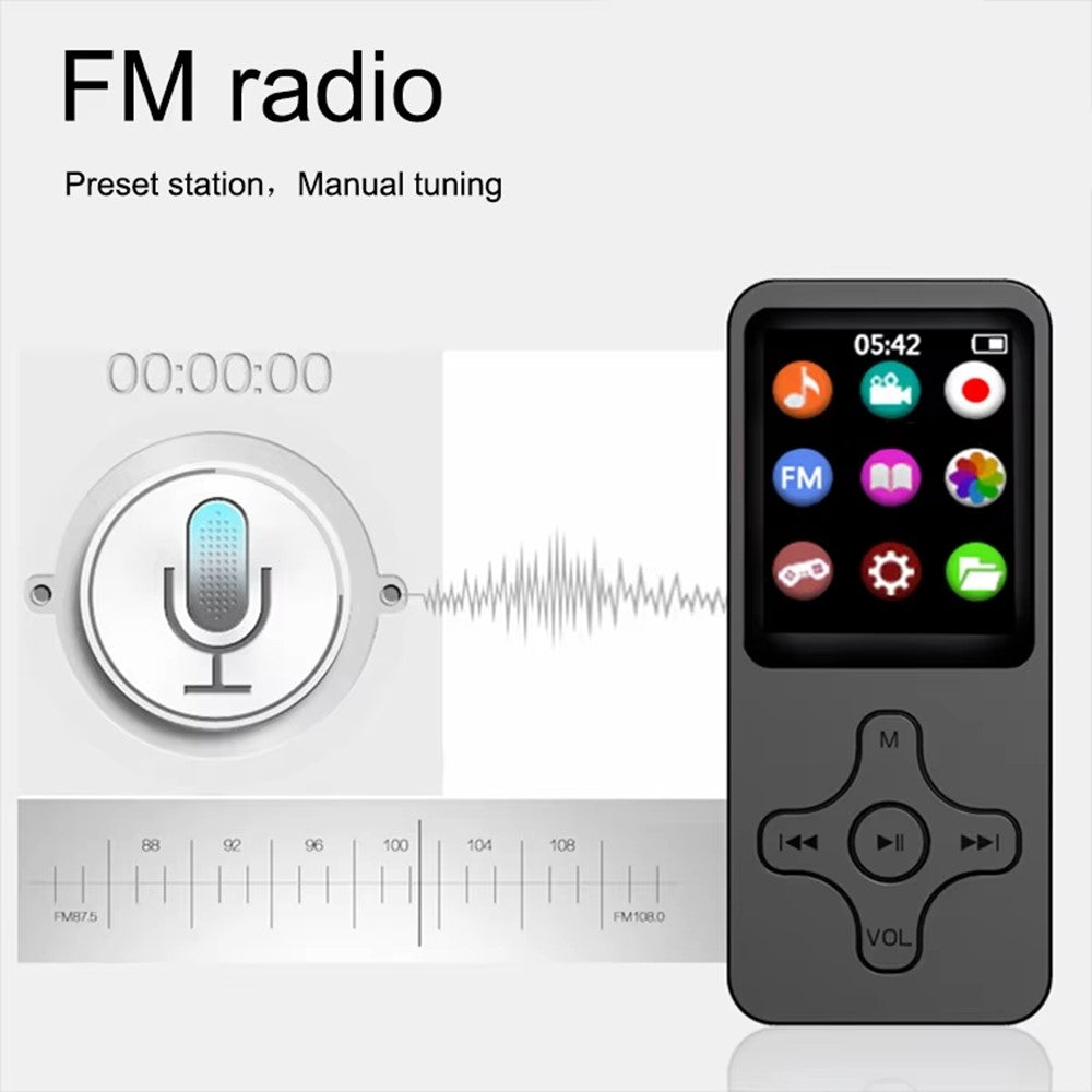 1,77 tommer skærm MP4-afspiller bærbar Bluetooth-kompatibel FM-radio stemmeoptager (uden TF-kort)