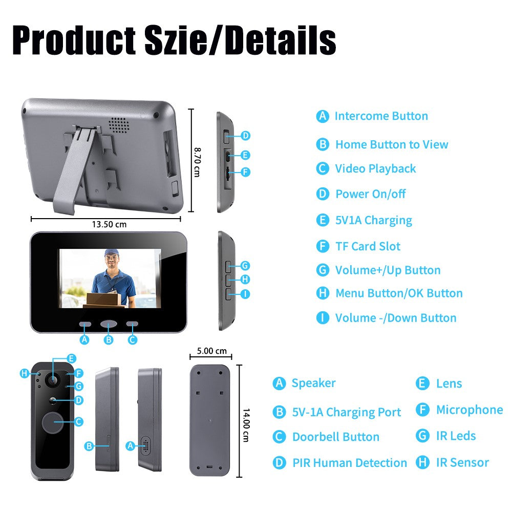 SY-30 2.4G Point to Point 4 Inch Visual Intercom Doorbell PIR Motion Detection Night Vision Wireless Video Door Phone