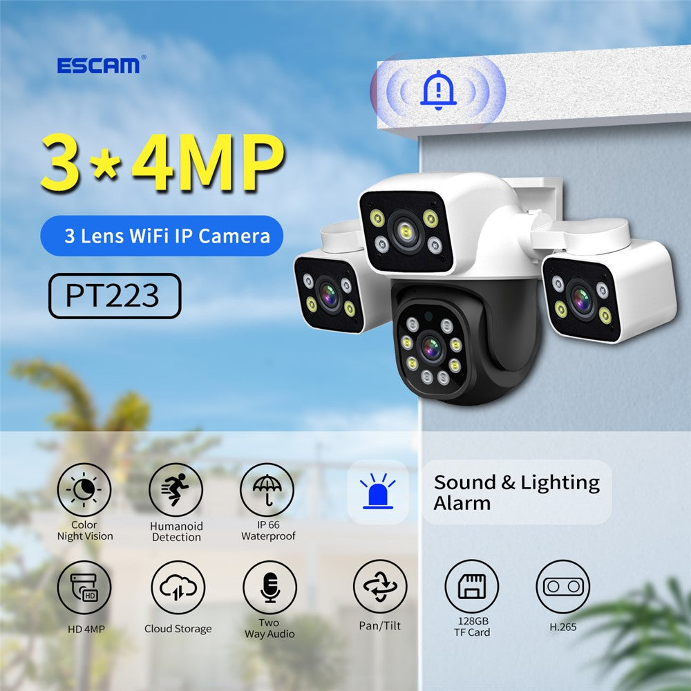 ESCAM PT223 Home Security 3 x 4MP Lens Camera WiFi Motion Detection Alarm Two-Way Audio Camera