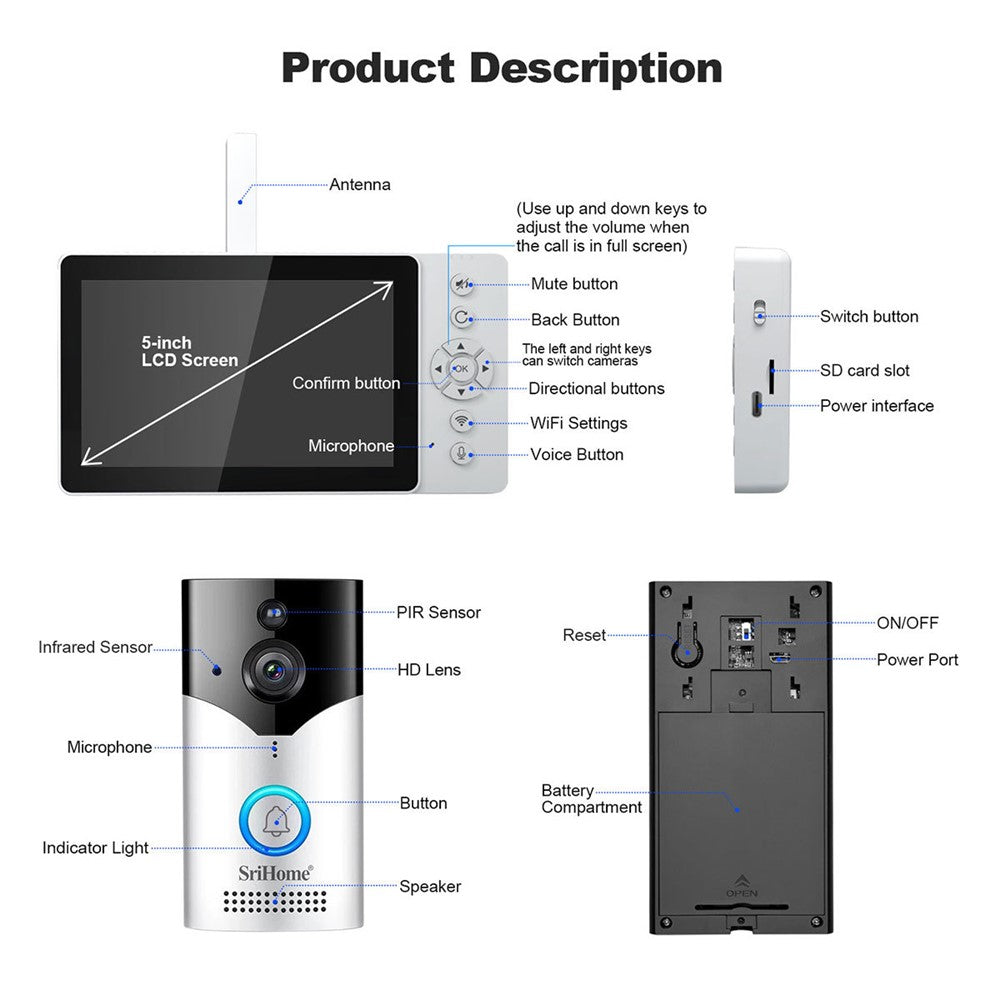 SRIHOME DH051_002_008 Smart Wireless Doorbell Set 4MP HD Indoor Video Intercom Low Power Consumption for Home