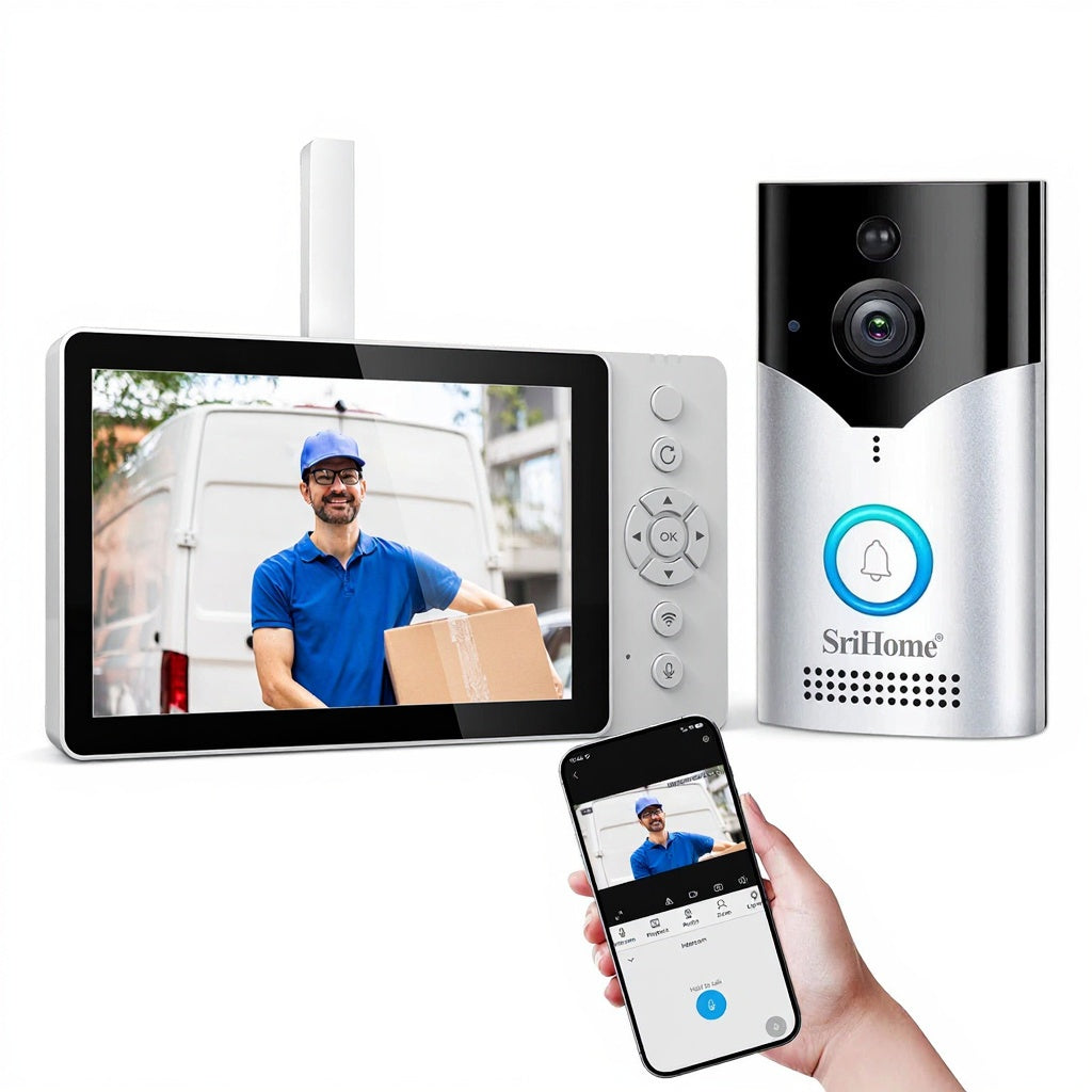 Srihome DH051+DH002 Trådlös Videodörrklocka 4MP Kamera HD Tvåvägsljud Nattseende 5-tums Skärm för Hemsäkerhet