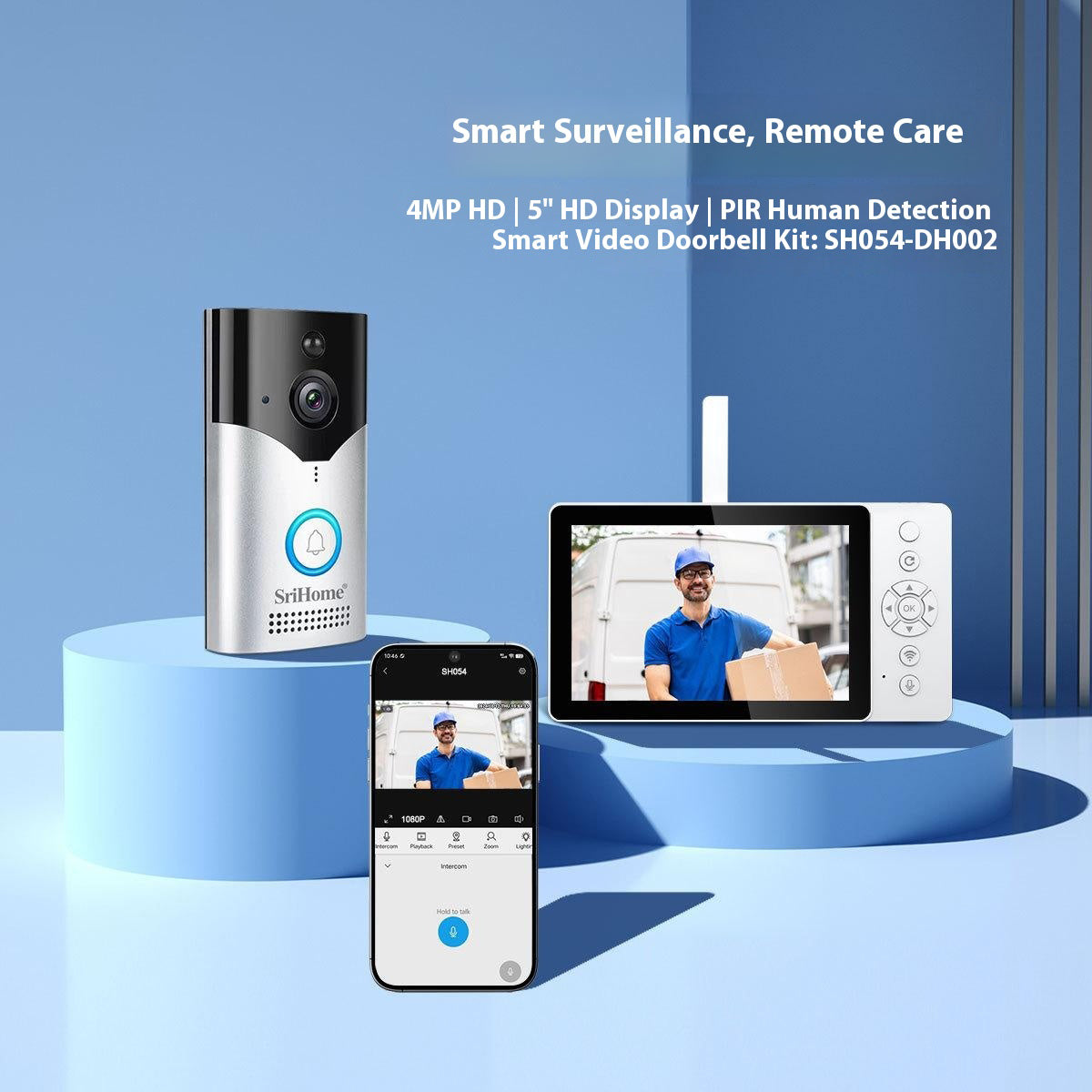Srihome DH051+DH002 Trådlös Videodörrklocka 4MP Kamera HD Tvåvägsljud Nattseende 5-tums Skärm för Hemsäkerhet