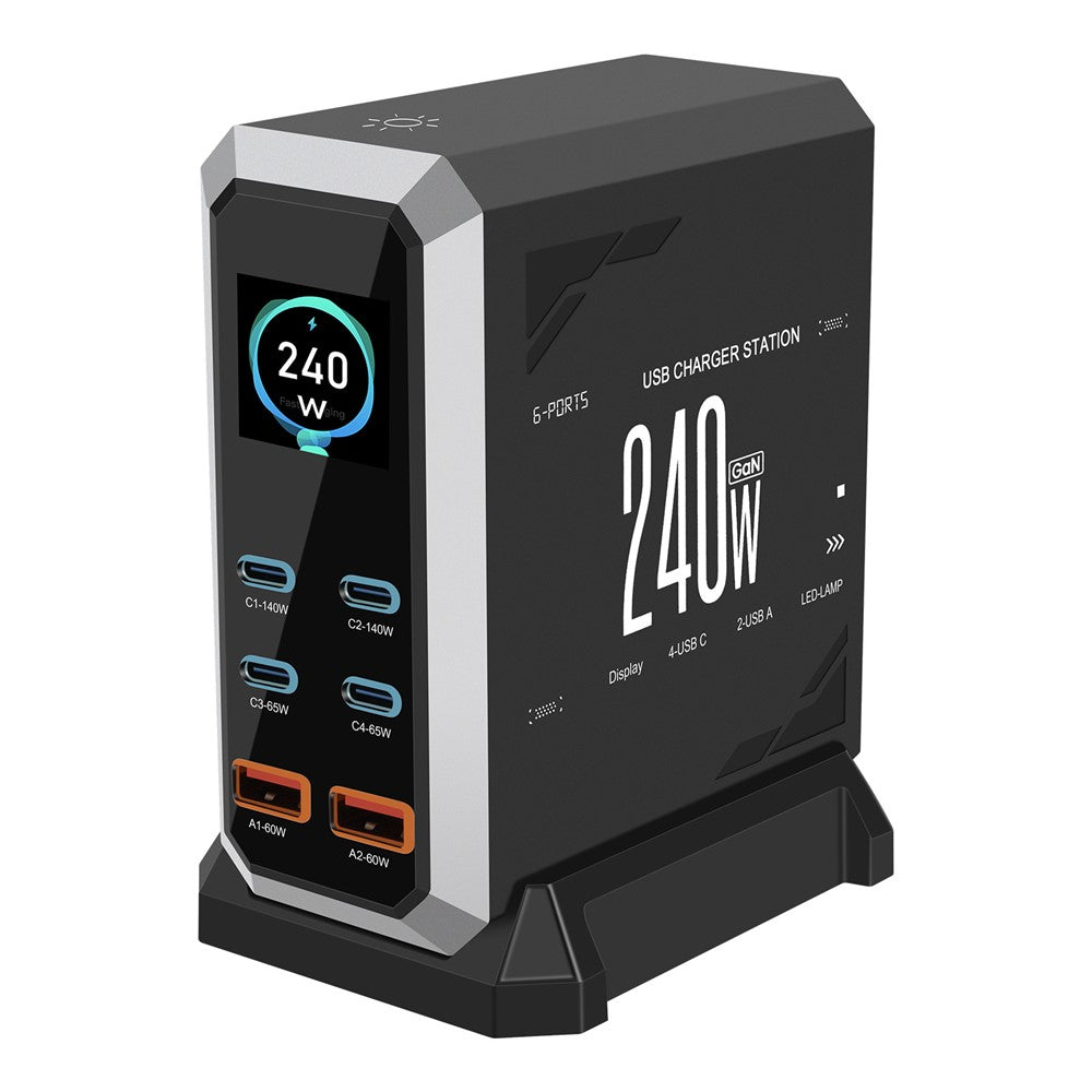HHW 240W GaN USB-C 6-portars laddningsstation PD-nätadapter med färgdisplay för mobil/bärbar dator/hörlurar