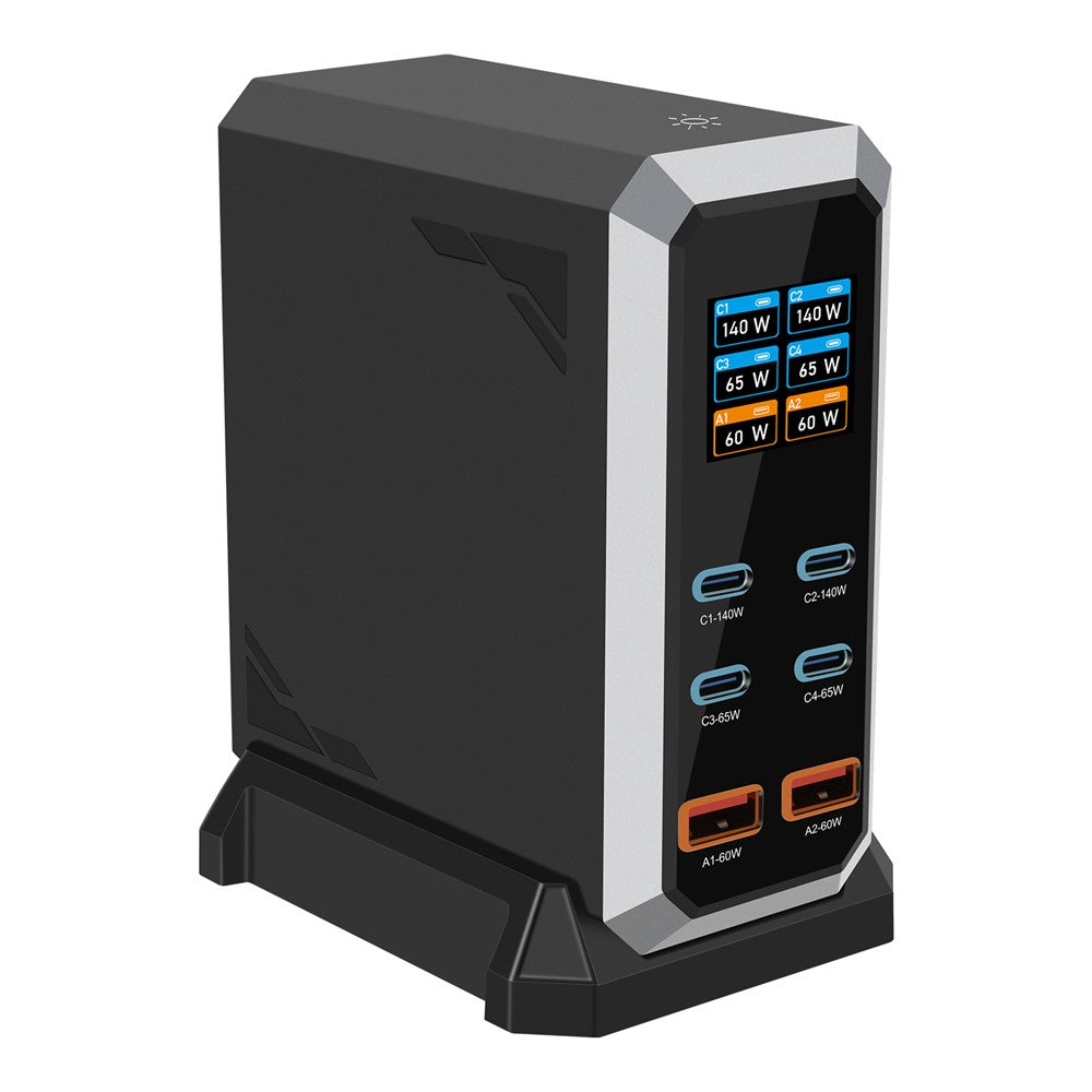 HHW 240W GaN USB-C 6-portars laddningsstation PD-nätadapter med färgdisplay för mobil/bärbar dator/hörlurar
