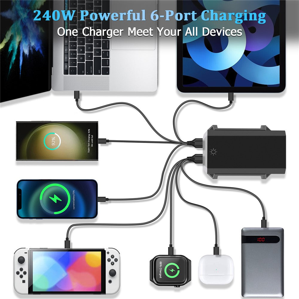 HHW 240W GaN USB-C 6-portars laddningsstation PD-nätadapter med färgdisplay för mobil/bärbar dator/hörlurar