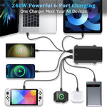HHW 240W GaN USB-C 6-portars laddningsstation PD-nätadapter med färgdisplay för mobil/bärbar dator/hörlurar