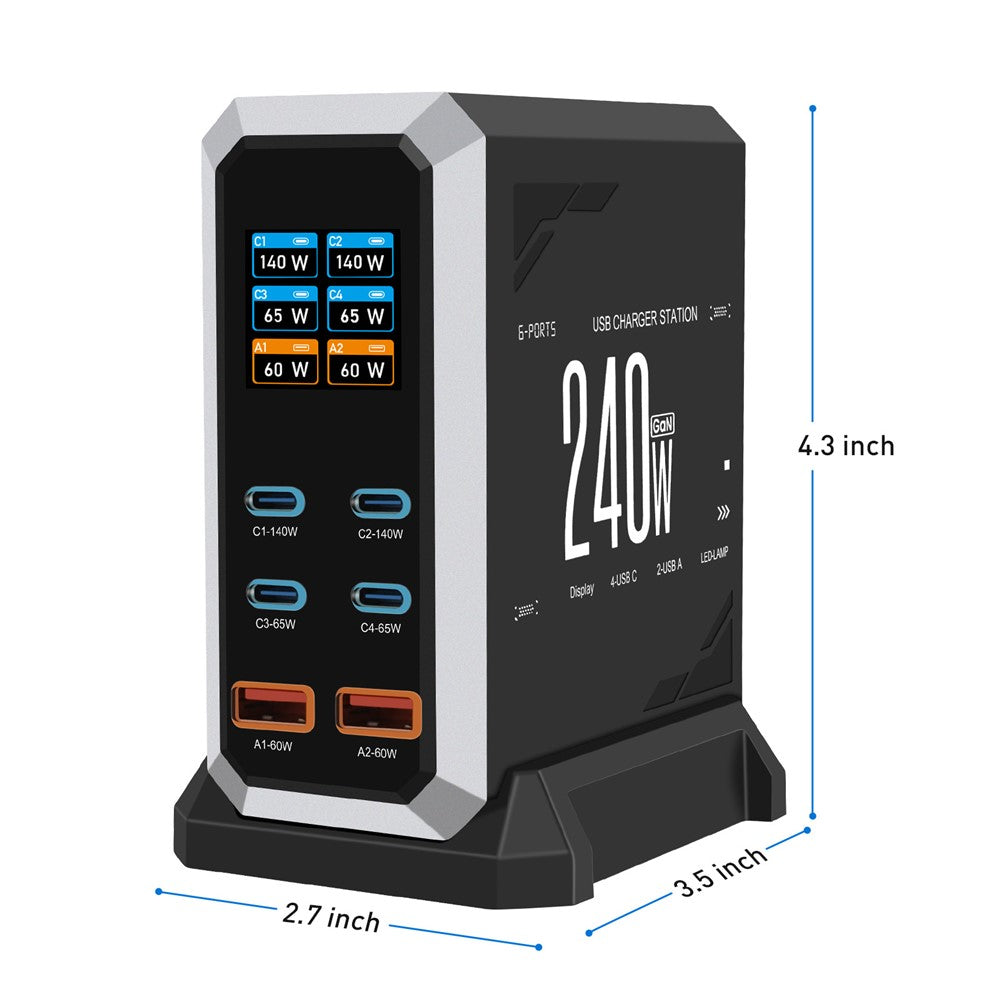 HHW 240W GaN USB-C 6-portars laddningsstation PD-nätadapter med färgdisplay för mobil/bärbar dator/hörlurar