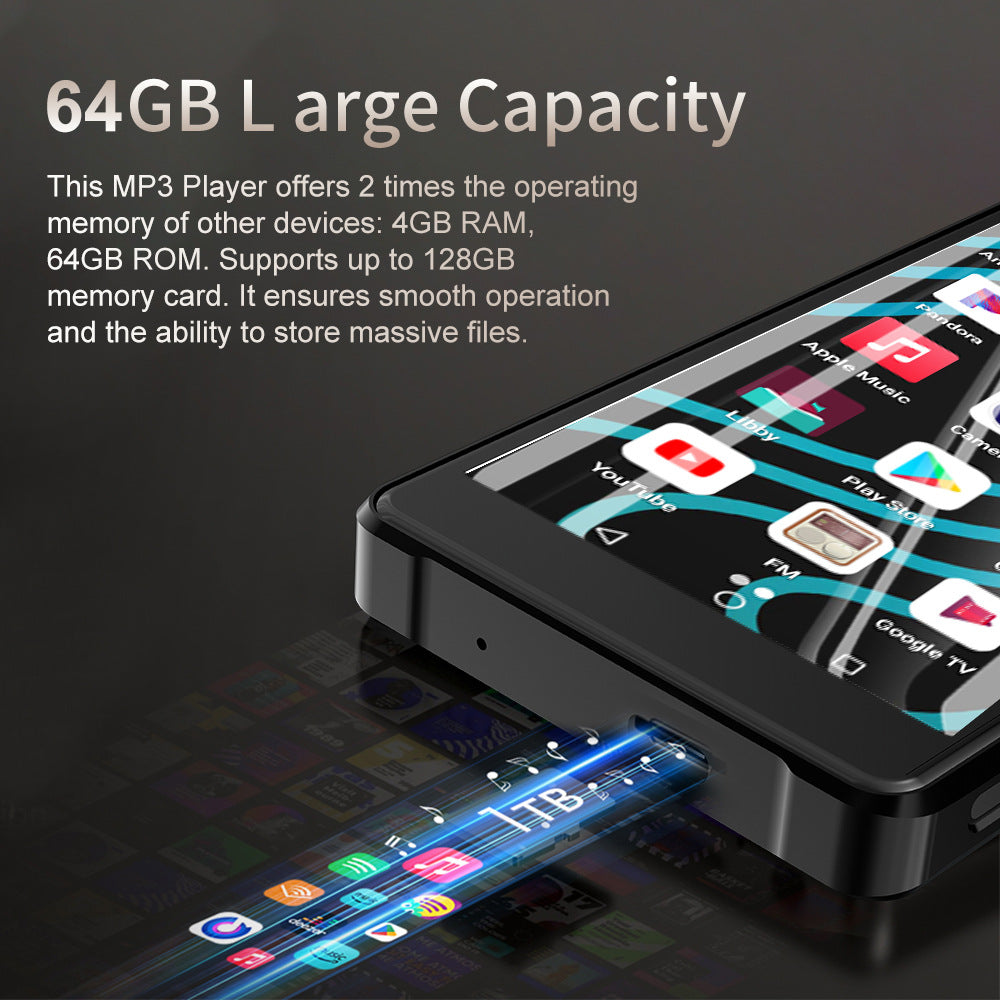 A03 Android MP3 Player Bluetooth-Compatible 5.0 Touchscreen Music Player 4GB+64GB Memory 16MP Camera 10H Battery Life