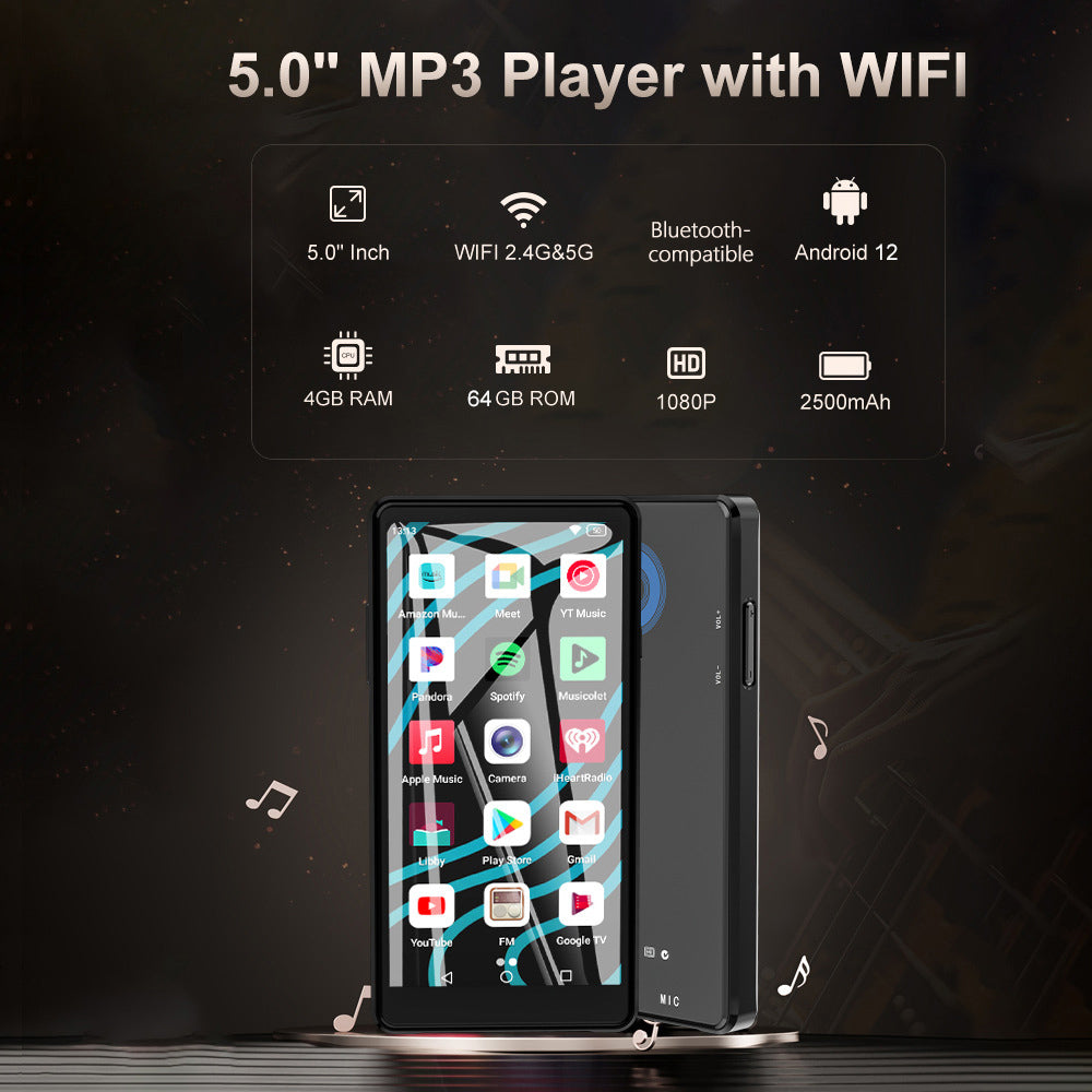 A03 Android MP3 Player Bluetooth-Compatible 5.0 Touchscreen Music Player 4GB+64GB Memory 16MP Camera 10H Battery Life