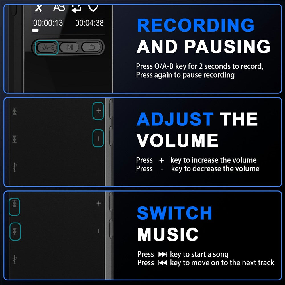 N27 Portable Bluetooth-compatible MP3 Player Large Storage Multi-Language Recorder 20H Long Standby One-Click Recording Audio Player