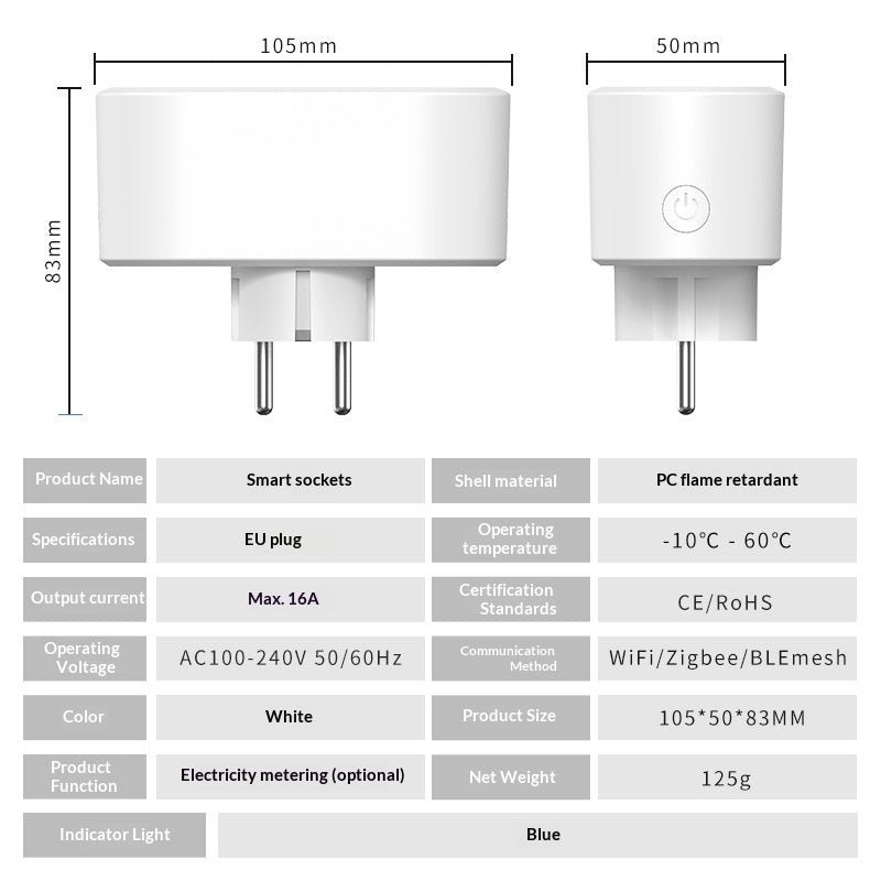 EU WiFi Smart Stikdåse Stemmestyring Hvidevarer Strømforbrugsmåler Tidsindstillet Udgang Virker med Alexa/Google Assistant