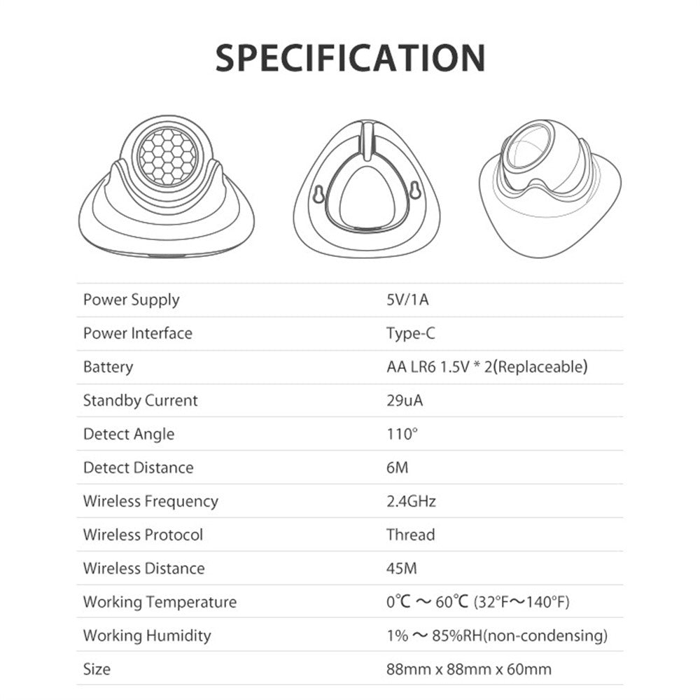 NEO NAS-PD09TM Matter Thread Smart PIR Motion Sensor Infrared Human Detector Works with Apple Home / Google Assistant / Amazon Alexa